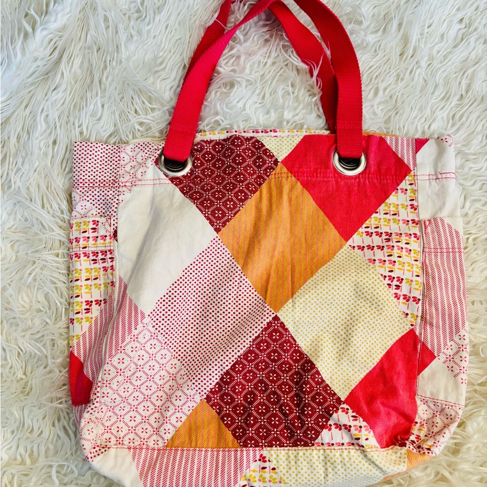 Patchwork Tote Bag with Red Handles - image 2